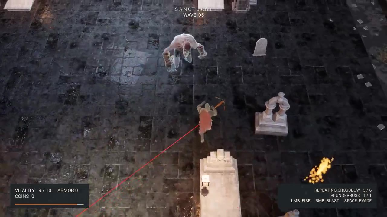 The hunter facing a Bloat in the cemetery arena, with the combat HUD visible