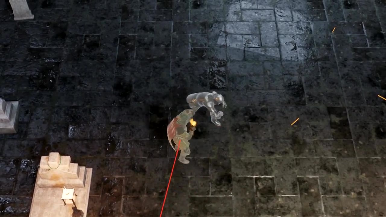 The red-cloaked hunter fighting a skeleton in the cemetery arena