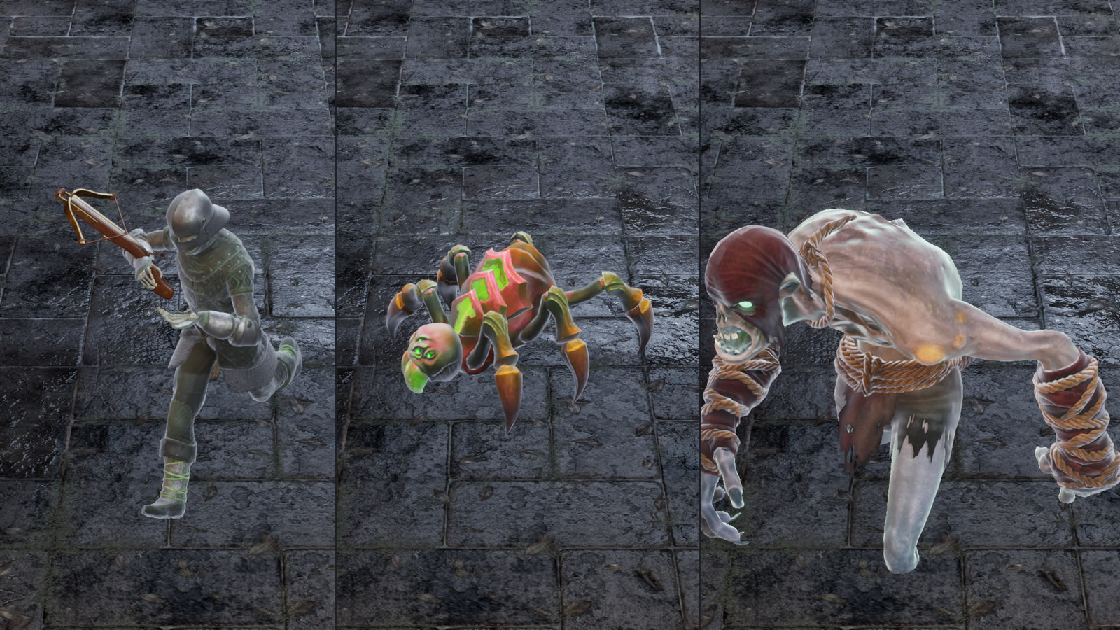 A crossbow skeleton, a spider and a kamikaze ghoul