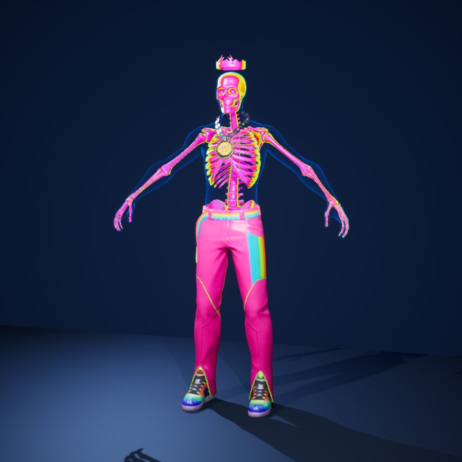 Skeleton Balvin with iridescent bones and a translucent shell