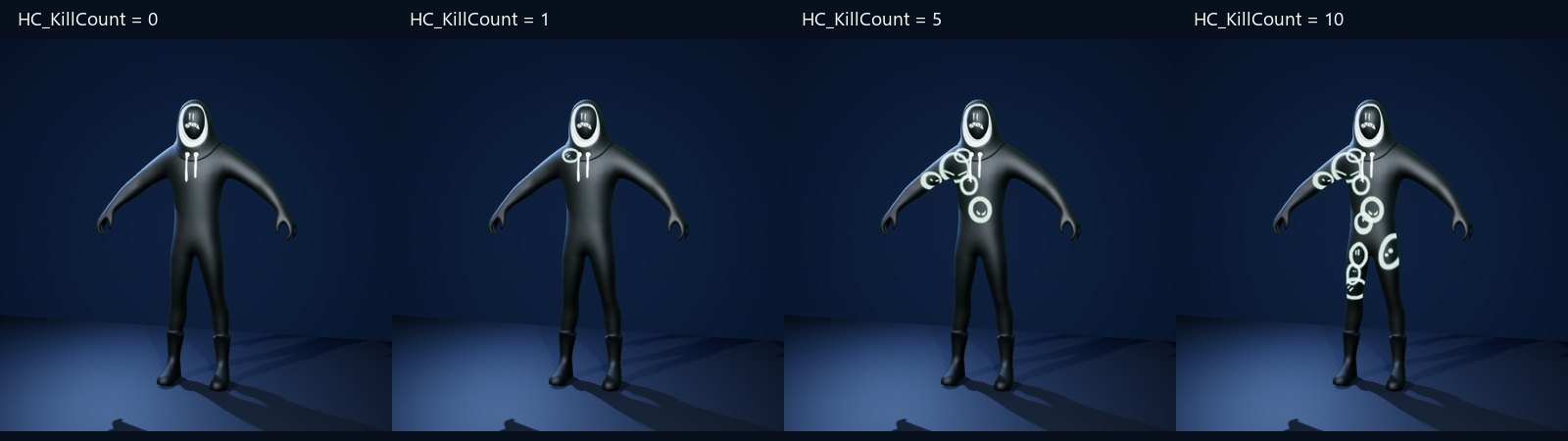 Grimey at kill count 0, 1, 5 and 10 at the same shader time