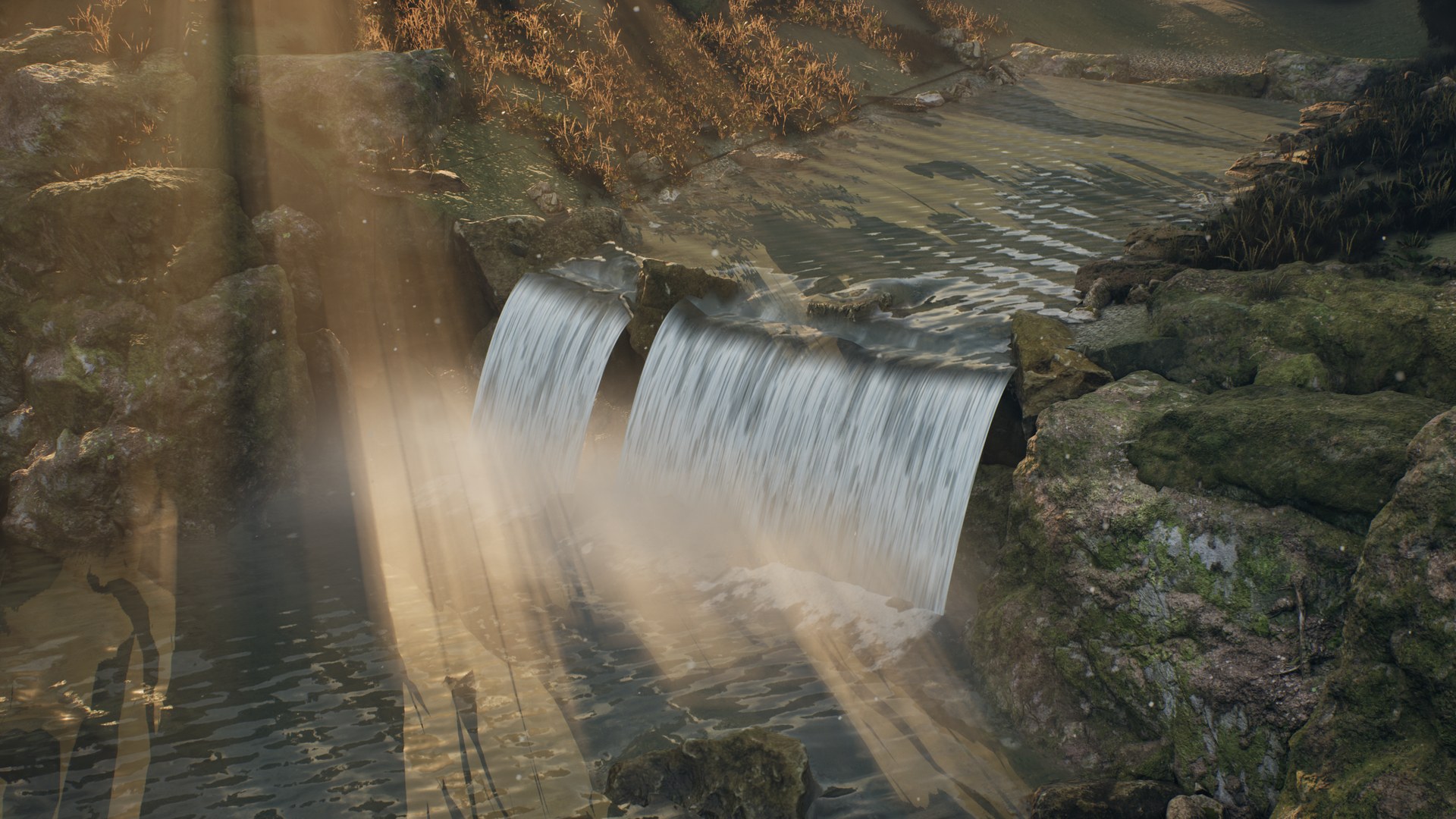 High view of the pool and falls crossed by light shafts