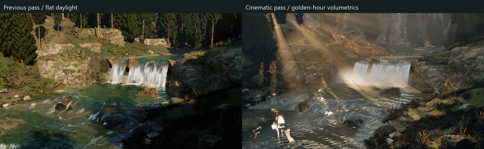 Left: the gorge in flat daylight. Right: the same camera in the golden-hour cinematic pass