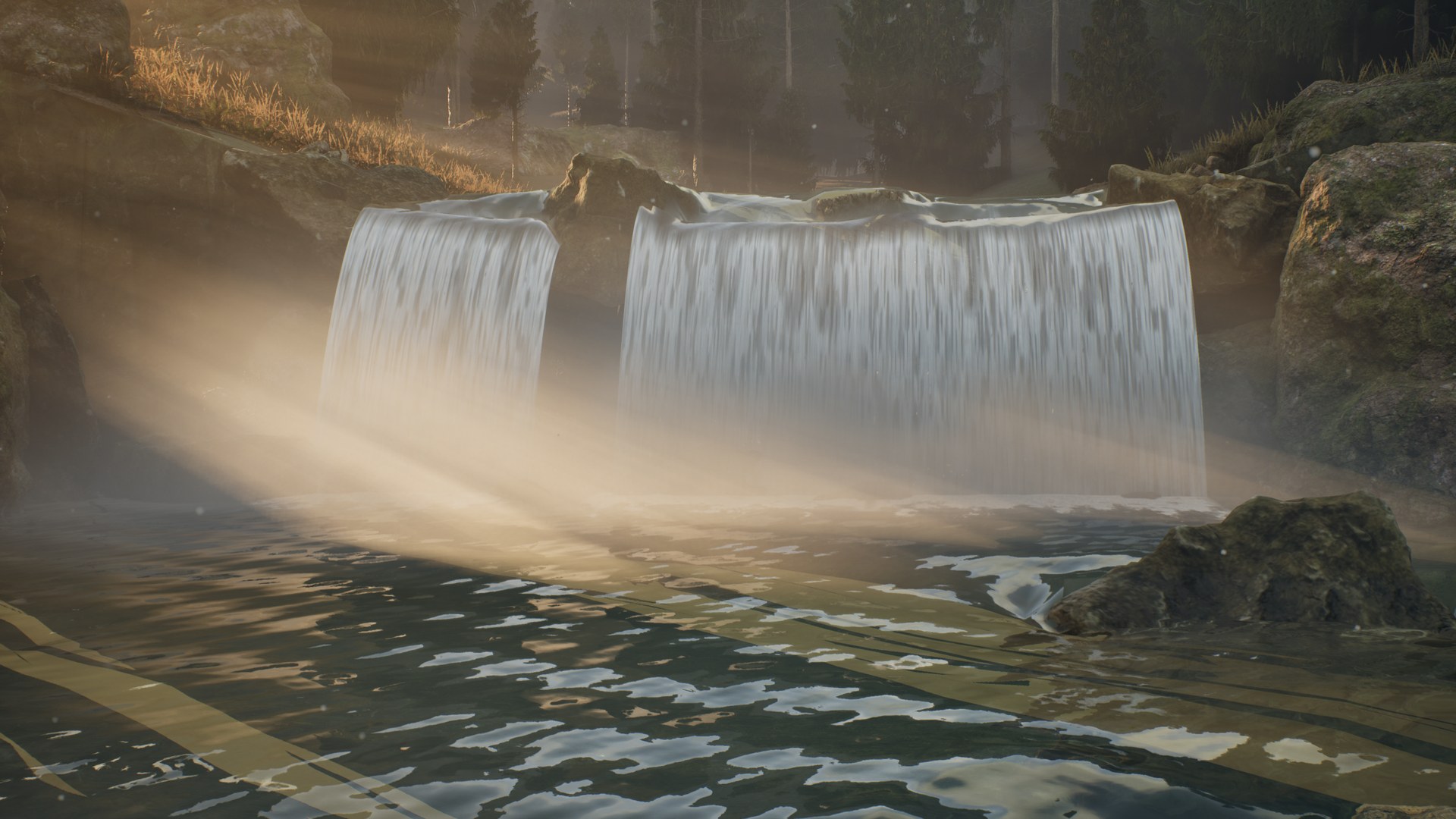 Twin waterfalls with glowing spray at the landing