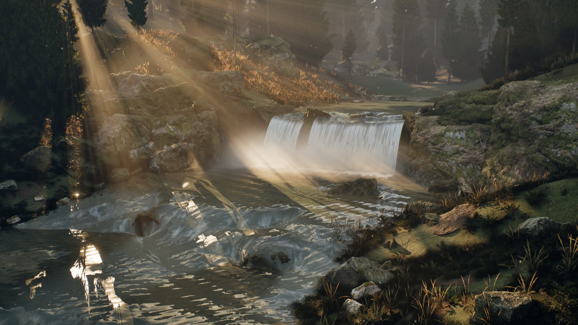 Rapids running between boulders towards twin waterfalls in a spruce forest at golden hour
