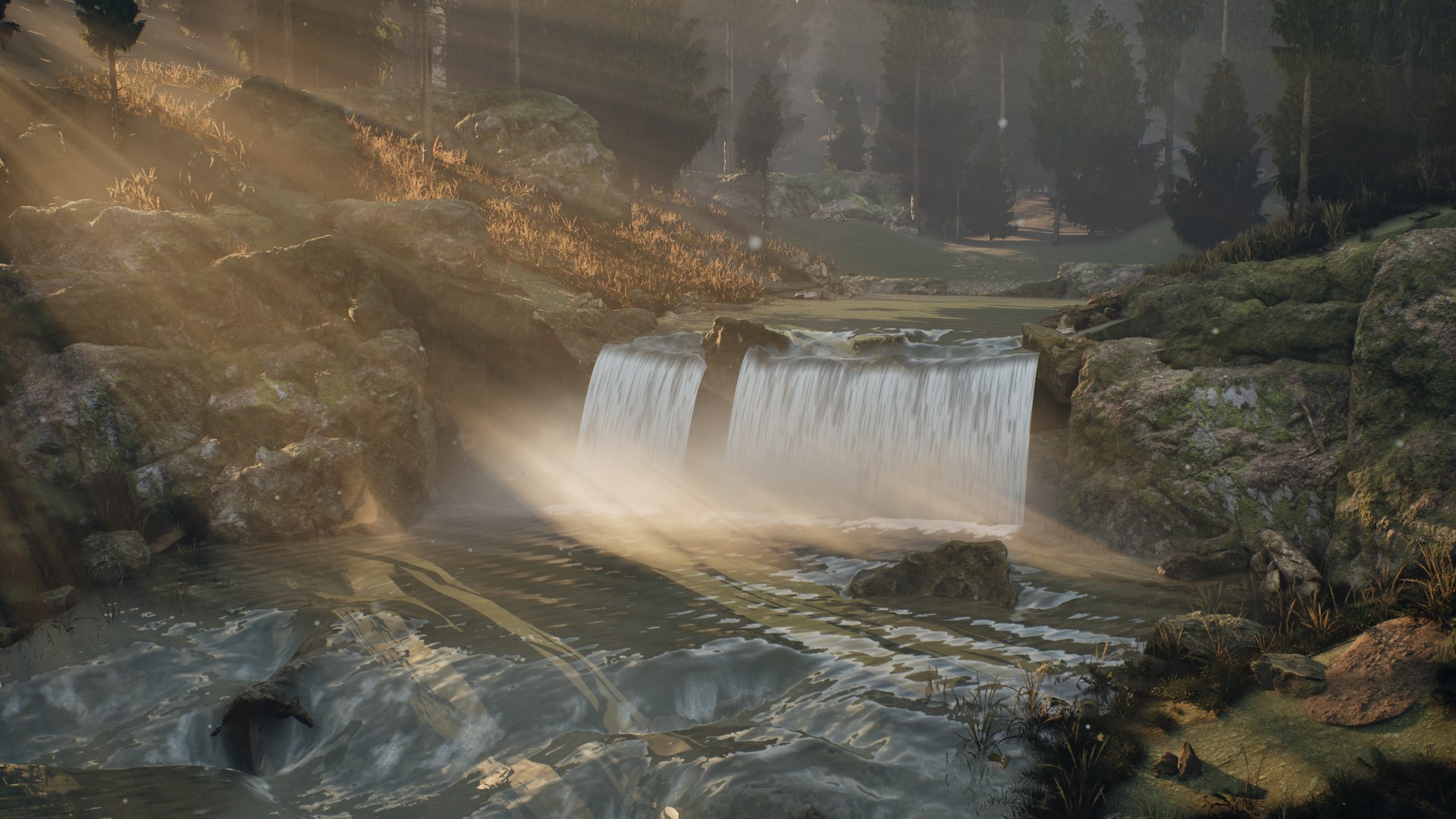 Rapids leading to twin waterfalls under low sun shafts