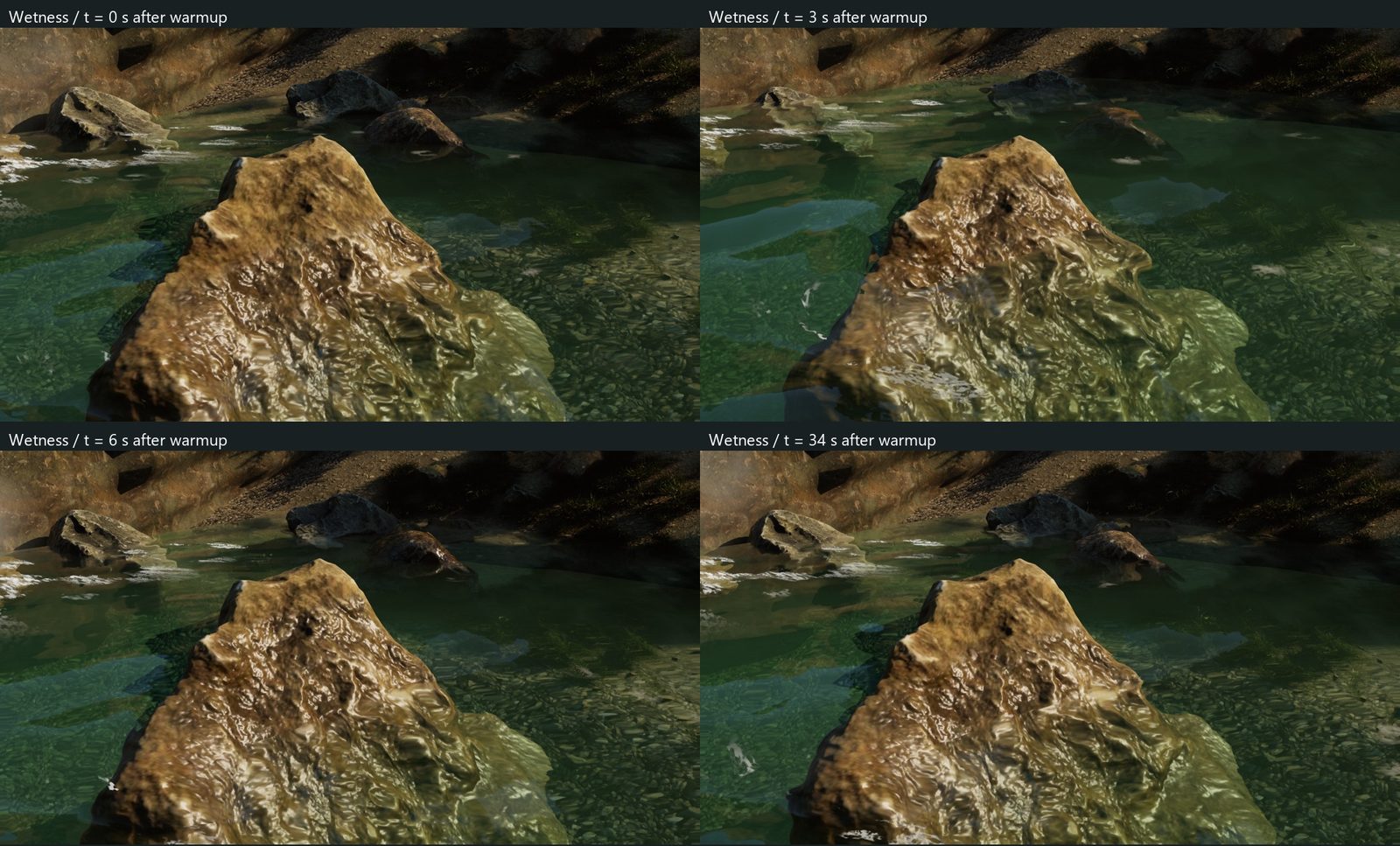 Four frames of a boulder whose wet band follows the water level up and down