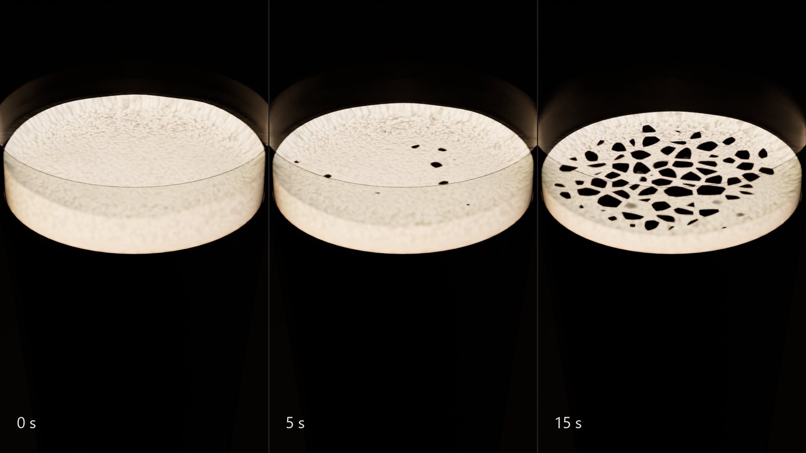 Cola foam at 0, 5 and 15 seconds: full head, first holes, a lace with a ring at the glass