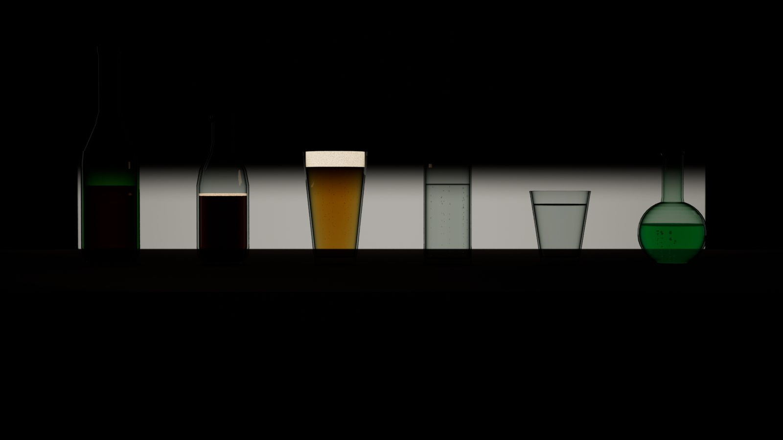 Wine, cola, beer, sparkling water, still water and a potion on a backlit counter